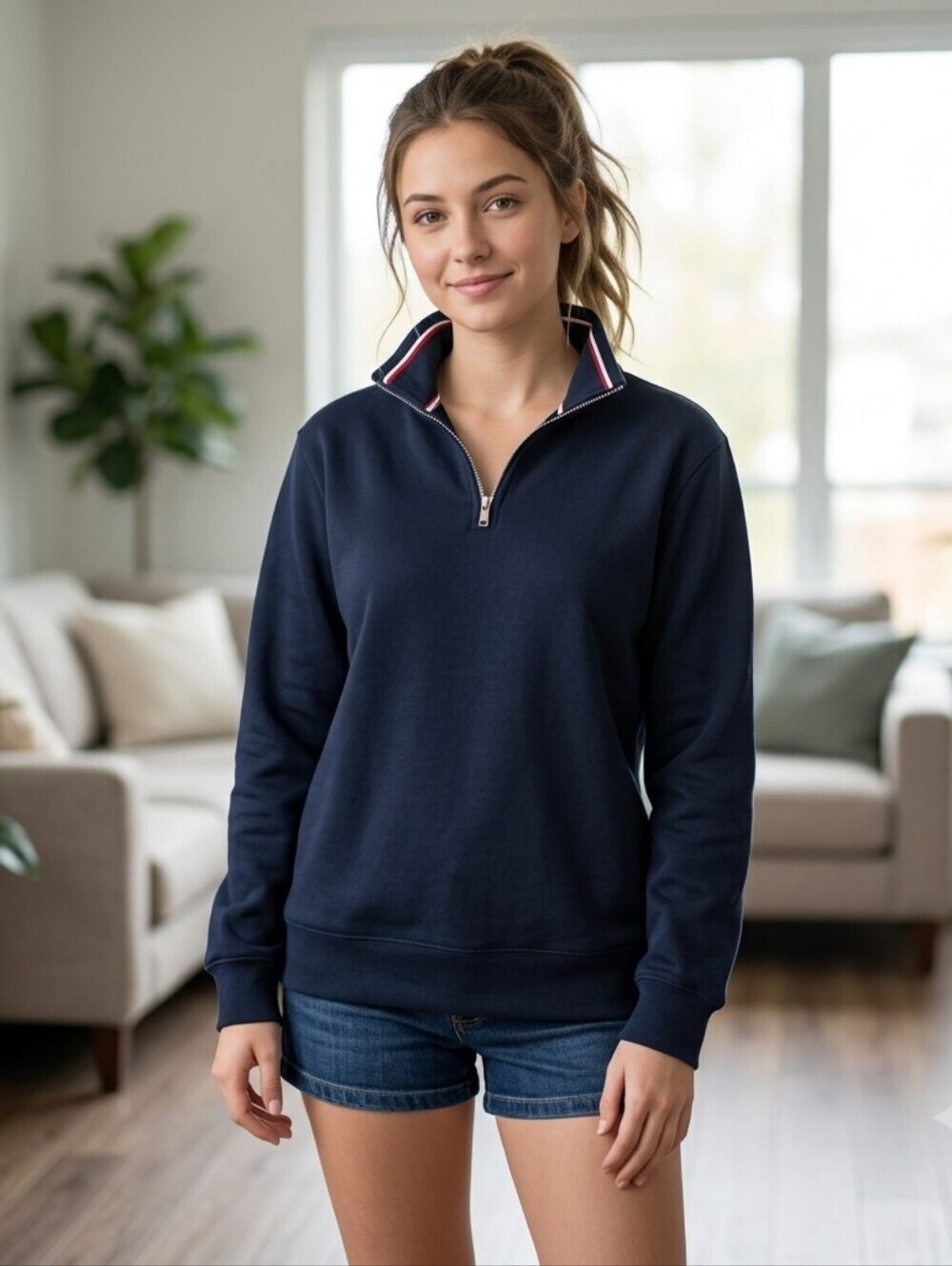 Tahari Women's 1/4-Zip Mock Sweater Viscose Blend Navy Blue Size Medium